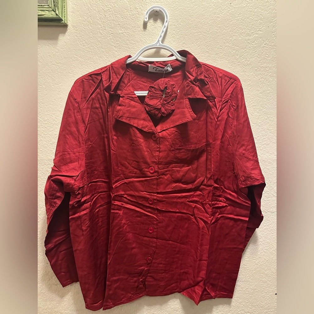 Maroon Button-Up Blouse Set And scrunchie